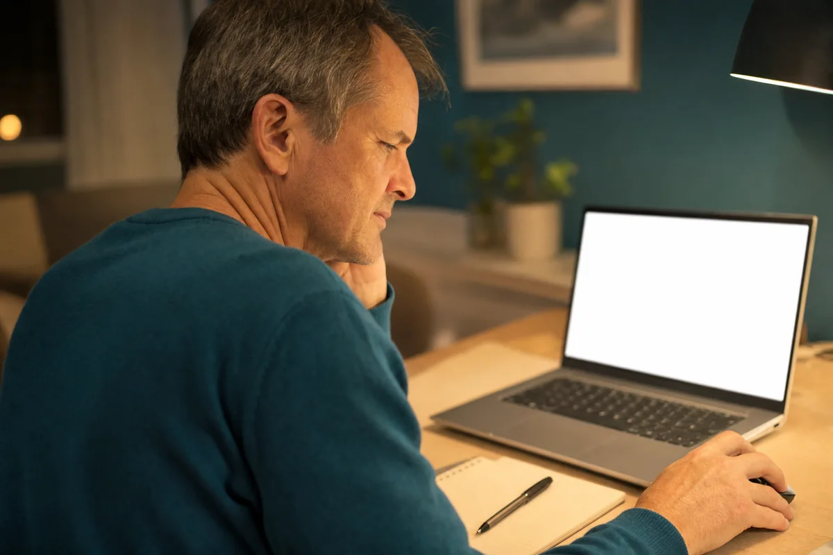 Hombre comparando en el ordenador los listados de Adenofrin publicados por revendedores en marketplaces