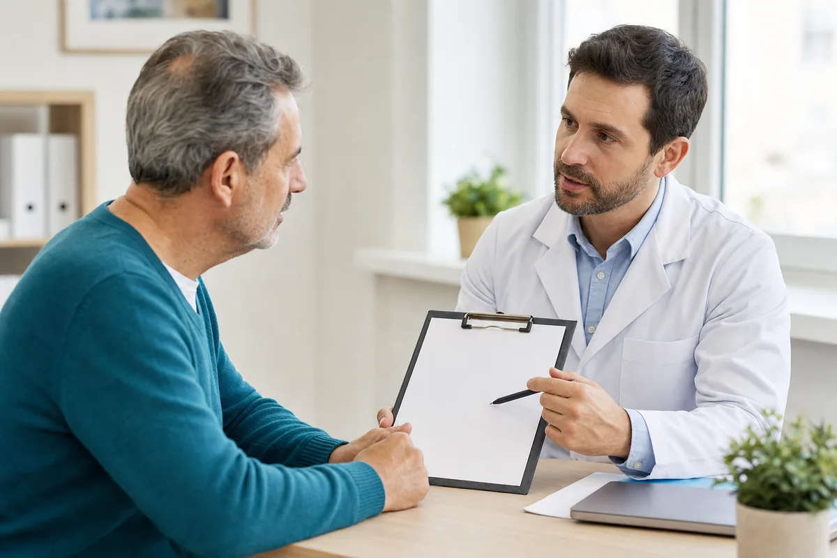 Hombre consultando con su urólogo las precauciones de Adenofrin antes de empezar la pauta