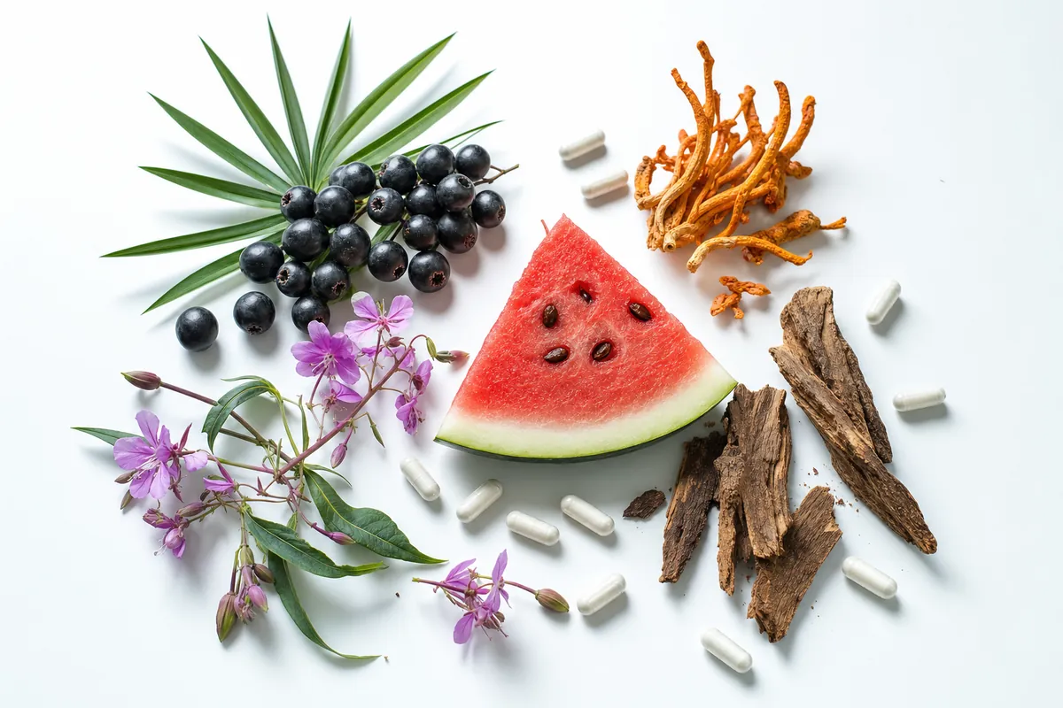 Ingredientes naturales de Adenofrin para la próstata: serenoa, epilobio, sandía, cordyceps y muira puama