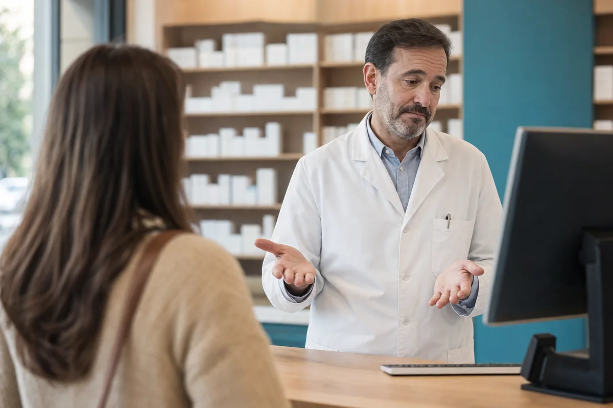 Farmacéutico en el mostrador de una farmacia española consultando el fichero, donde Adenofrin no figura